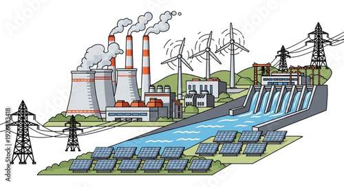 Diverse energy sources - a comprehensive illustration of power generation methods.