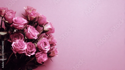 Floral Arrangement Featuring Pink Roses on Glittery Pink Background with Soft Lighting for Celebratory Occasion