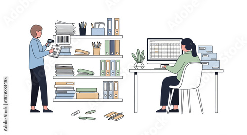 Office workers organizing and working efficiently.