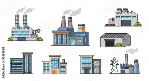 Various industrial buildings and factories with smoke stacks emitting pollution into the air.