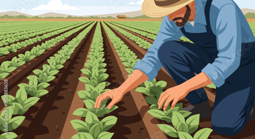 Farmer inspecting seedlings in the field for agricultural promotion and educational content