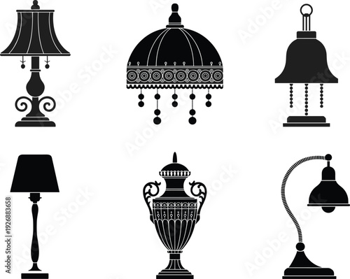 Six black and white lamp including table lamps, chandelier, and wall lamp