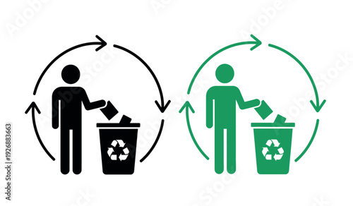 Recycling and waste management concept with icons of people throwing away trash and recyclables