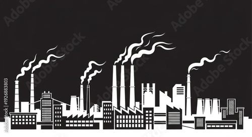 Industrial cityscape silhouette depicting factories and pollution emissions into the atmosphere.