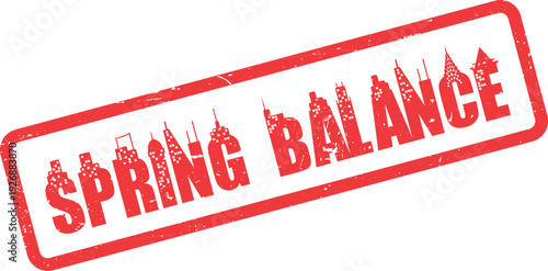 Dynamic red grunge stamp showcasing Spring Balance text integrated with a striking city skyline