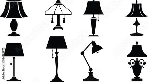 Various black and white lamp including table lamps desk lamps and floor lamps
