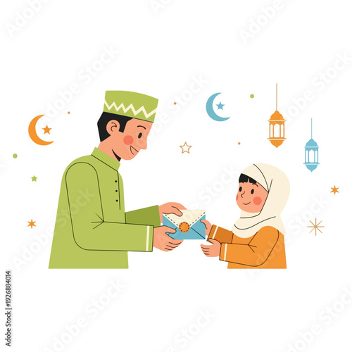 Adult giving envelope with money to child for Eid celebration illustration