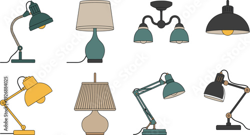 Various types of lamps and lighting fixtures in different colors and styles desk lamp floor lamp ceiling lamp