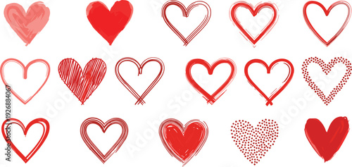 Hand drawn red heart collection with sketch, outline and brush styles romantic love vector illustration set
