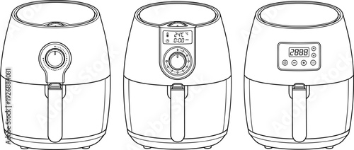Air fryer appliance line art set with analog and digital control panels kitchen countertop cooking device vector illustration