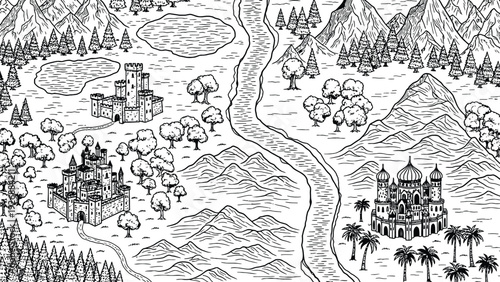 Hand-drawn fantasy map with castles, mountains, and trees. A winding river divides the landscape. The map conveys a whimsical, adventurous tone.