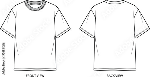 Blank T Shirt Technical Drawing Front and Back View Isolated on White Background Simple Casual Apparel Vector Illustration Template