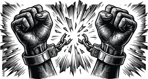 Broken handcuffs with raised fists symbolizing freedom revolution and liberation powerful black and white engraving style illustration isolated on white background
