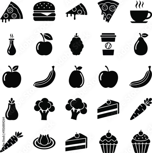 Food icons including fruits and desserts