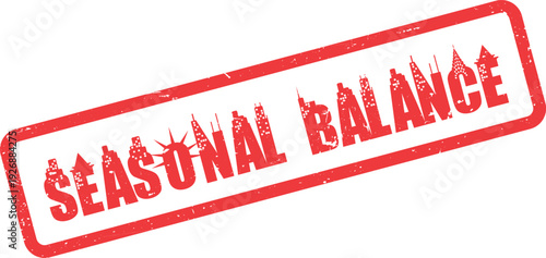 Seasonal Balance Red Grunge Stamp with Urban Skyline Buildings and Distressed Texture