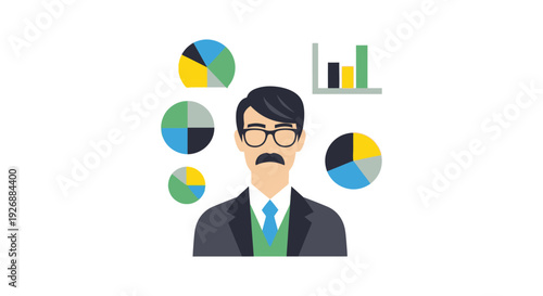 Business Intelligence Expert with Data Analysis Charts and Graphs Icon