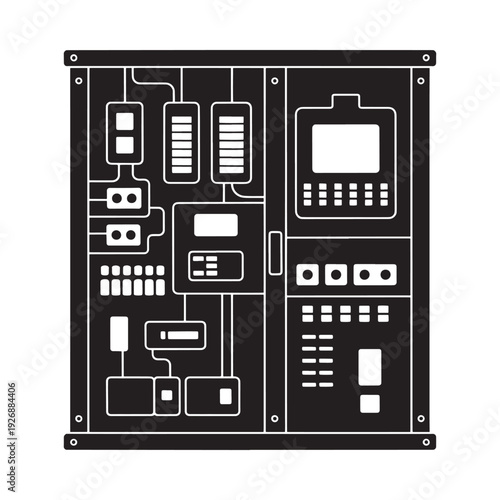 Detailed illustration of a black and white control panel with various buttons
