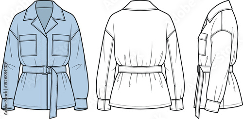 Women belted utility jacket technical drawing with front back and side views detailed fashion vector illustration isolated on white background