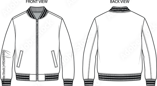 Women bomber jacket front and back view technical fashion illustration with ribbed collar cuffs and hem isolated on white background