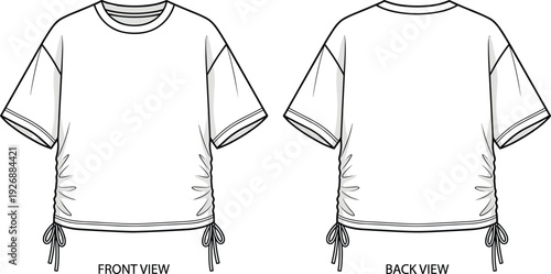 Women oversized t shirt front and back view outline template with side drawstring detail fashion technical vector illustration