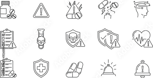 Medical warning and healthcare alert outline icon set with pills, shields and emergency symbols vector illustration