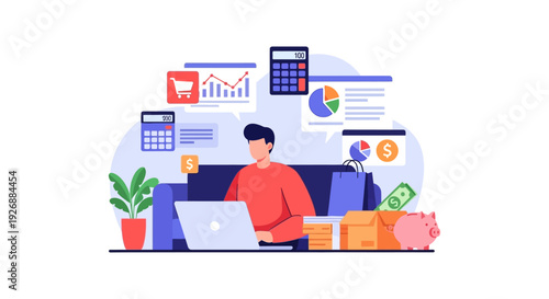 Man Managing Online Business and Personal Finances on Laptop with Charts, Calculators, and E-commerce Elements