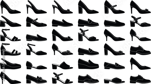 Women shoes silhouette collection with high heels flats loafers and sandals black vector illustration isolated on white background for fashion design
