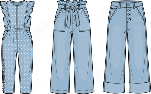 Women summer outfit set sleeveless polka dot jumpsuit and high waist wide leg pants fashion vector illustration collection