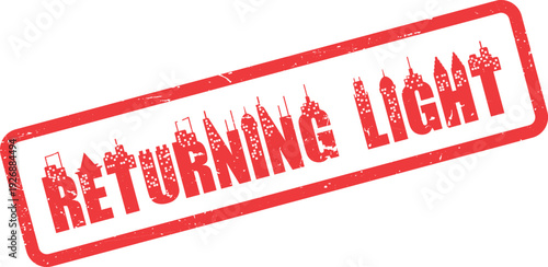 Red distressed urban stamp with city outlines conveying the concept of light returning to the metropolis