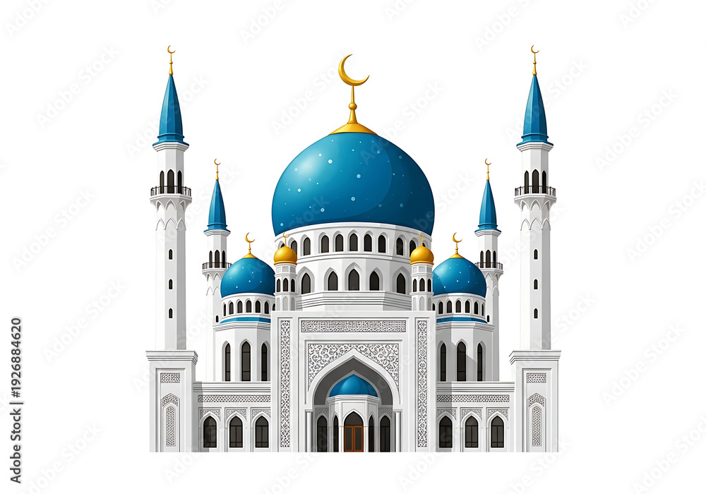 Fototapeta premium Illustration of a mosque with blue domes and minarets, showcasing architecture and culture from a front viewpoint