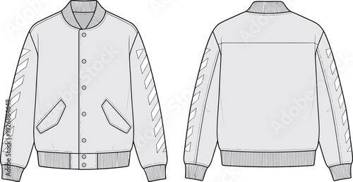 Front and Back View of Blank Bomber Jacket Mockup with Ribbed Collar Cuffs and Hem Minimal Streetwear Apparel Template Illustration
