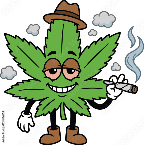 Funny cartoon cannabis leaf character smoking joint with hat gloves and boots colorful vector illustration isolated on white background