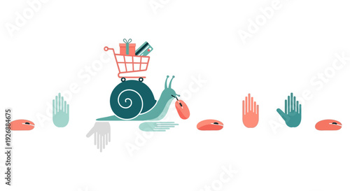 Slow E-commerce: Snail Carrying Shopping Cart & Mouse, Illustrating Digital Delays and Outdated Online Shopping Experience