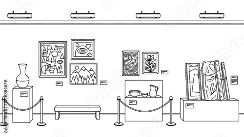 Minimalist art gallery features framed abstract art, a pottery display, and a large sculptural piece. The space feels orderly and serene.