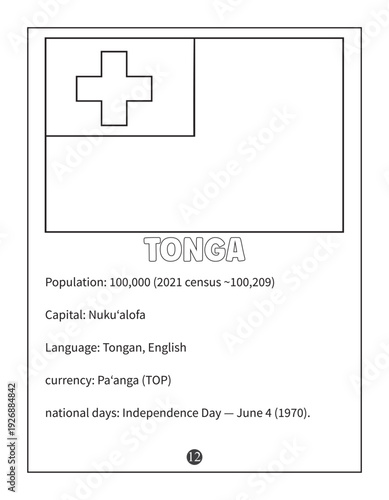 Tonga National Flag and Country Profile Facts - Educational Coloring Page for Kids
