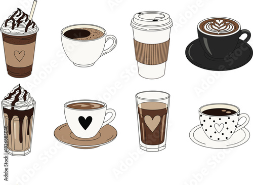 Coffee Cup and Beverage Icon Set Featuring Latte Art Hearts, Frappuccino with Whipped Cream, Espresso Mugs, and To-Go Cups for Cafe Menus and Branding