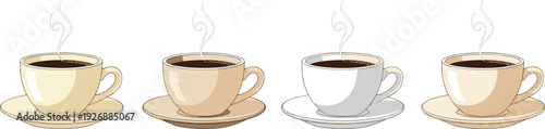 Diverse Coffee Beverage Icon Set Featuring Latte Art Hearts, Iced Frappuccinos with Whipped Cream, Steaming Espresso Mugs, and Takeaway Cups for Café Menus