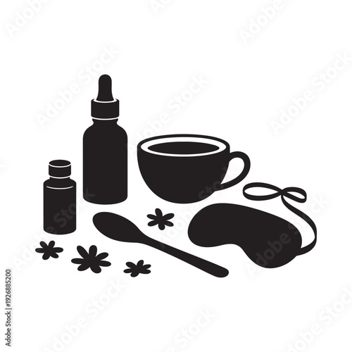 Relaxation items tea eye mask dropper and wellness objects