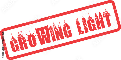 Growing Light statement showcased in a vibrant red rubber stamp with an integrated urban skyline