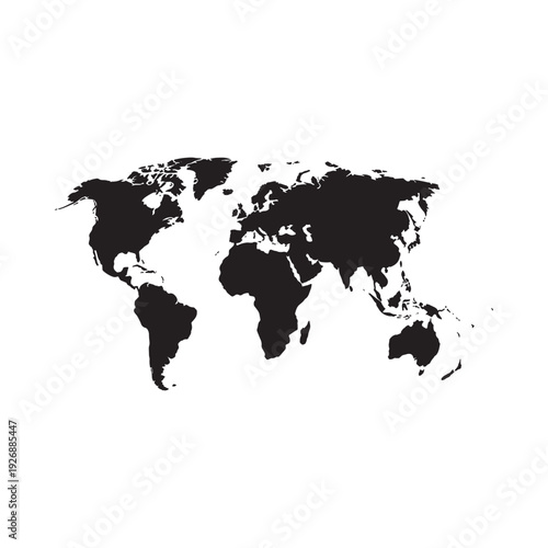 Stylized black silhouette of the world map with continents and oceans