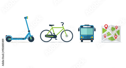 Transportation icons including scooter bicycle luggage and map