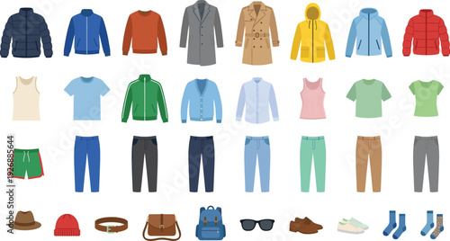 Clothing and accessory icons, fashion wardrobe vector set, apparel illustration design, stylish garment graphics, modern lifestyle outfit essentials collection