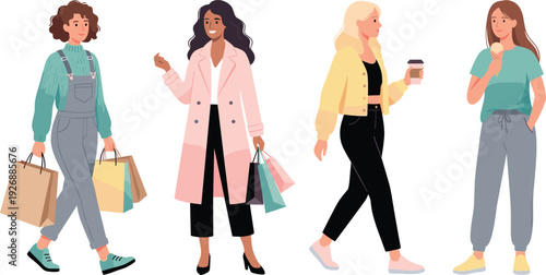 Casual fashion lifestyle characters, shopping and leisure illustration, stylish outfit vector design, modern clothing icons, everyday activity people graphics