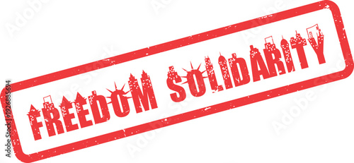 Red distressed stamp for Freedom Solidarity featuring metropolitan city silhouettes