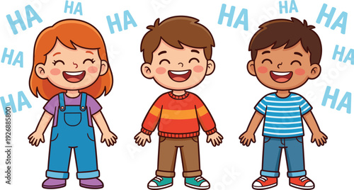 Happy laughing children cartoon characters set with smiling faces colorful vector illustration isolated on white background for kids design