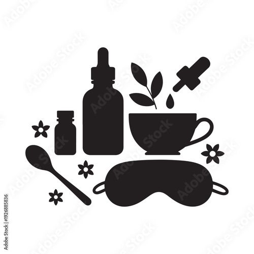 Black silhouette icons depicting sleep aids herbal remedies and relaxation