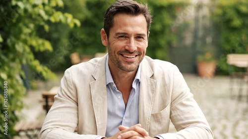 A confident man smiles directly at the camera in an outdoor setting