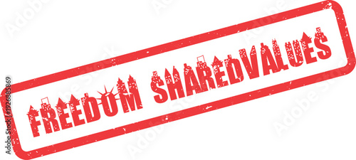 Striking red freedom shared values message presented within an iconic city silhouette stamp