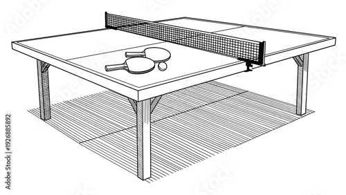 Black and white illustration of a table tennis setup, featuring two paddles and a net on a wooden table. The scene feels classic and straightforward.