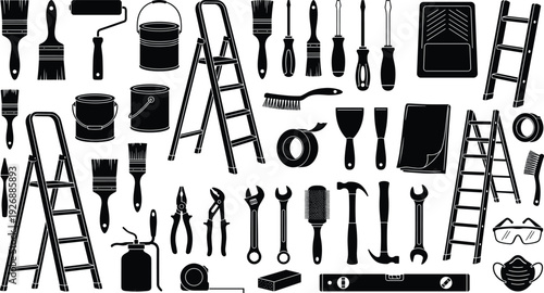 Home improvement tools silhouette set with ladder paint brushes rollers wrenches hammer and equipment black vector illustration isolated on white background